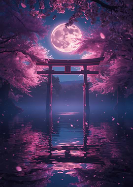 Torii Gate Under Pink Moon