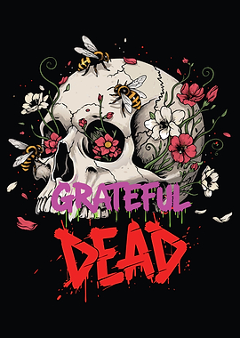 Grateful Dead Skull with Bees and Flowers
