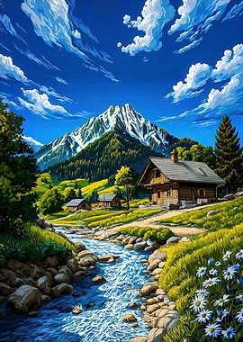 Mountain Cabin Landscape Stream