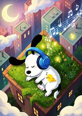 Sleeping Dog with Headphones in City