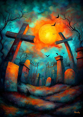 Expressionist Cemetery Gates Contemporary Halloween Wall Art