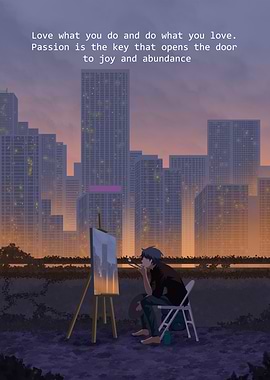 Artist Painting Cityscape at Sunset