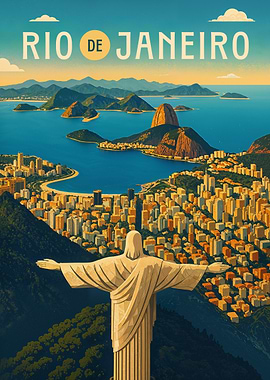 Rio de Janeiro Travel Poster Brazil – Christ & Sugarloaf Sunset