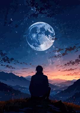 Man Gazing at Moonlit Landscape