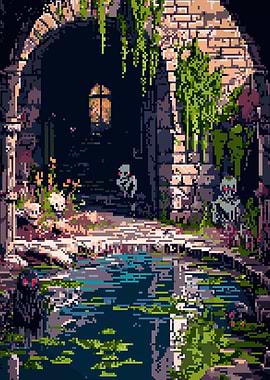 Pixel Art Spooky Ruins with Water
