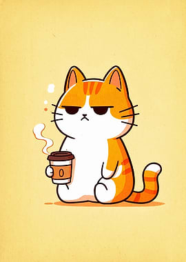 Grumpy Cat with Coffee Cartoon