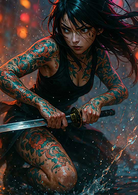 Tattooed Warrior with Katana in Rain