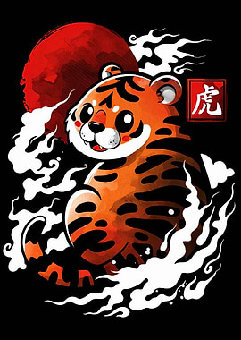 Cute Tiger with Red Moon
