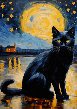 Black Cat Under Starry Night Painting
