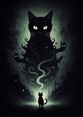 Mystical Black Cat in Cityscape