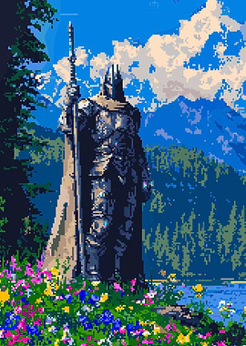 Pixel Art Knight Statue Landscape