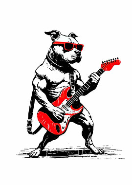Dog playing guitar with red sunglasses