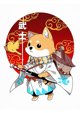 Shiba Inu Samurai with Bird Companion