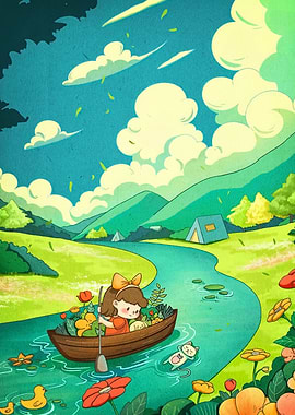 Girl in Boat on River Landscape