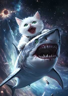 Cat riding shark in space