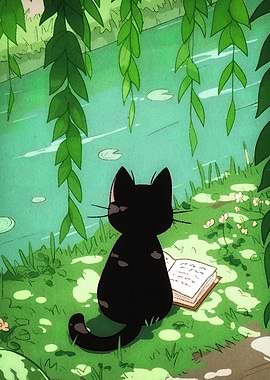 Cat Reading by the Pond