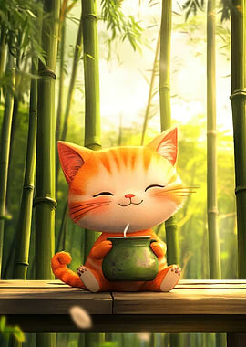 Cute Cat with Tea in Bamboo Forest