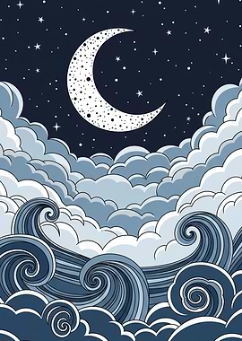 Crescent Moon, Clouds, and Ocean Waves