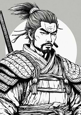 Samurai Warrior Illustration in Black and White