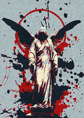 Winged Angel Statue with Red Splatters