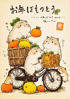 Hamsters on Bicycle with Fruit