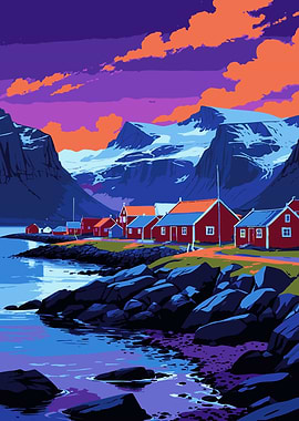 Coastal Village Landscape with Mountains