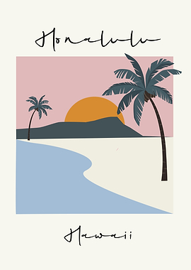 Honolulu Hawaii Minimalist Beach Sunset Art