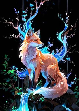 Fox with Blue Floral Accents