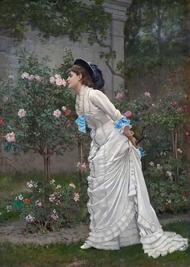 Woman in Garden Smelling Roses Painting