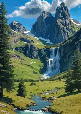 Mountain Landscape with Waterfall and Stream
