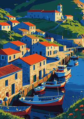 Coastal Village with Boats and Red Roofs