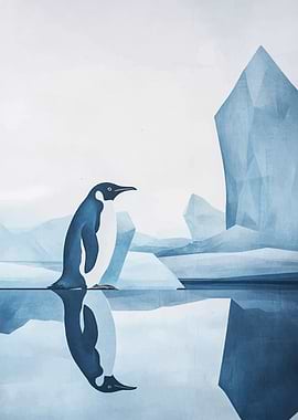 Penguin Reflection in Arctic Landscape