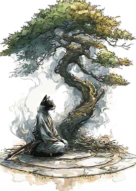 Cat Samurai Meditating Under a Bonsai Tree