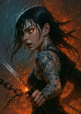 Tattooed Warrior with Sword in Rain