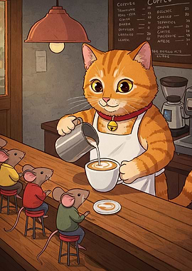 Cat Barista Serving Mice Coffee