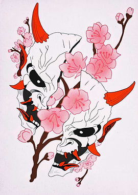 Hannya Masks with Cherry Blossoms