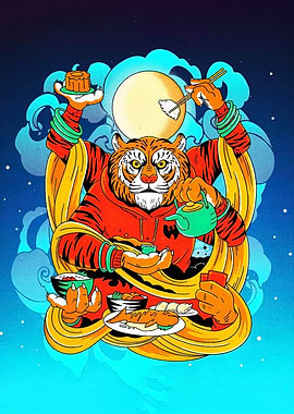 Tiger enjoying a meal under the moon