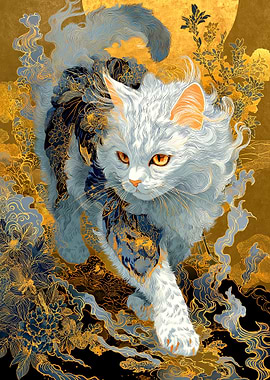 Elegant Cat Art with Floral Accents
