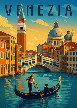 Venice Travel Poster – Romantic Gondola and Sunset Canal