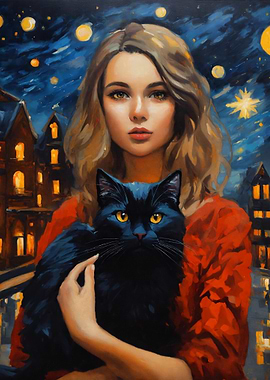 Woman with Black Cat Painting