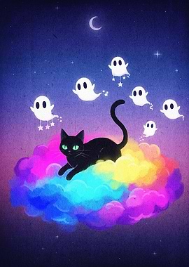 Black Cat on Rainbow Cloud with Ghosts