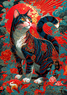 Ornate Cat Portrait with Floral Background