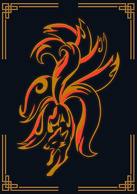 Nine-tailed fox illustration on dark background