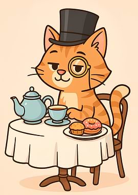 Sophisticated Cat Drinking Tea Cute Kawaii Orange Cat Illustration with Top Hat and Monocle