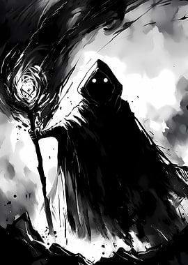 Monochrome Hooded Figure with Staff
