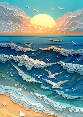 Seascape with Birds and Paper Cutout Style