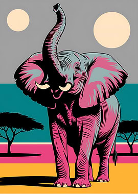 Stylized Elephant Illustration with African Landscape Pop Art