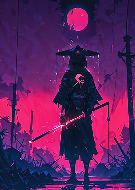 Cyberpunk Samurai in Neon Landscape