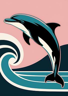 Dolphin jumping wave retro art pop art