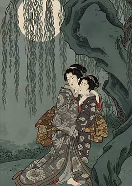 Two women under willow tree, Ukiyo-e
